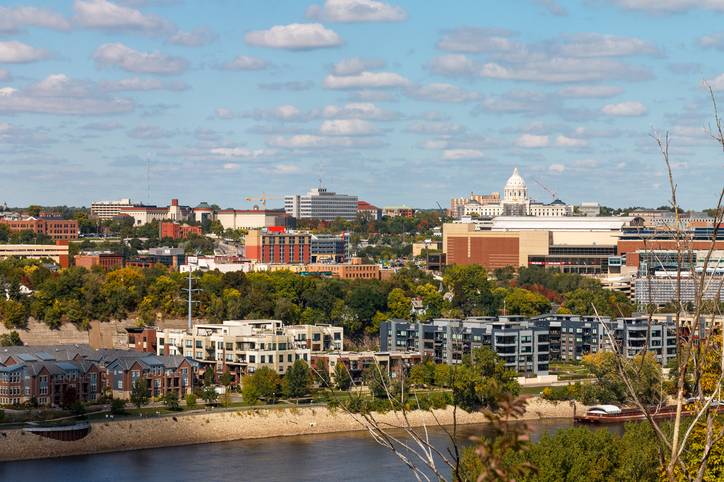 Downtown Davenport riverfront skyline along the Mississippi River