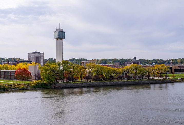 Cityscape of downtown area of Moline, Illinois from I-74 bridge
